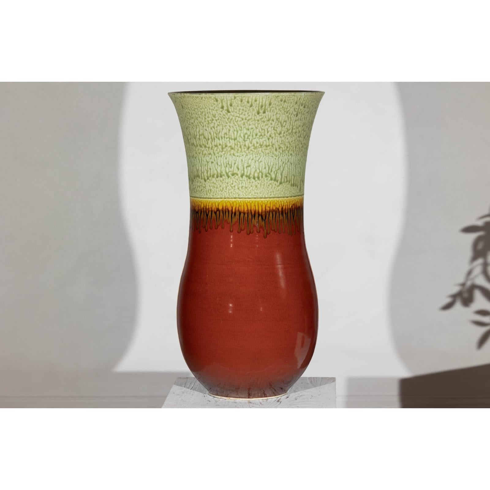 Tall Artisan Hand-Crafted Ceramic Vase with Green Drip Glaze over Red Base