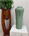 Tall Green Crackle Glazed Ceramic Vase with Elephant Handles - FEA Home