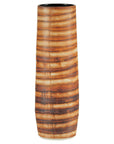 Close-up of tall orange-brown ceramic vase with swirl design and glossy finish.