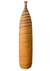Orange ceramic vase with black swirl, tall and skinny shape, isolated on white background.