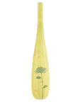 Yellow ceramic vase with hand-painted flowers near the base, tall and skinny, on a white background.