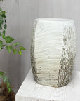 Textured White Glazed Ceramic Pedestal with Brown Detail - FEA Home
