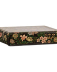 Close-up of black lacquer box with colorful painted flowers and birds, felt interior visible, on dark background.