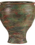 Close-up of vintage ceramic planter with weathered green, brown, and red finish and two small side handles.