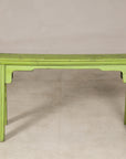 Vintage green wooden bench, rear view