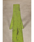 Top view of green bench seat showing worn paint