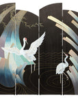Vintage Four-Panel Black Lacquer Folding Screen with Hand-Painted Crane Motif-1. Asian & Chinese Furniture, Art, Antiques, Vintage Home Décor for sale at FEA Home