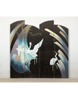 Vintage Four-Panel Black Lacquer Folding Screen with Hand-Painted Crane Motif-3. Asian & Chinese Furniture, Art, Antiques, Vintage Home Décor for sale at FEA Home