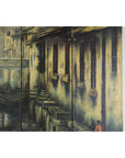 Vintage Painted Four-Panel Screen with Canal Village Scene-10. Asian & Chinese Furniture, Art, Antiques, Vintage Home Décor for sale at FEA Home