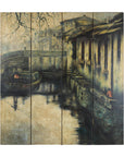 Vintage Painted Four-Panel Screen with Canal Village Scene-18. Asian & Chinese Furniture, Art, Antiques, Vintage Home Décor for sale at FEA Home