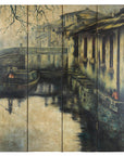 Vintage Painted Four-Panel Screen with Canal Village Scene-1. Asian & Chinese Furniture, Art, Antiques, Vintage Home Décor for sale at FEA Home
