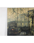 Vintage Painted Four-Panel Screen with Canal Village Scene-3. Asian & Chinese Furniture, Art, Antiques, Vintage Home Décor for sale at FEA Home