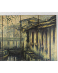 Vintage Painted Four-Panel Screen with Canal Village Scene-4. Asian & Chinese Furniture, Art, Antiques, Vintage Home Décor for sale at FEA Home