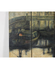 Vintage Painted Four-Panel Screen with Canal Village Scene-7. Asian & Chinese Furniture, Art, Antiques, Vintage Home Décor for sale at FEA Home