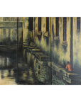 Vintage Painted Four-Panel Screen with Canal Village Scene-8. Asian & Chinese Furniture, Art, Antiques, Vintage Home Décor for sale at FEA Home