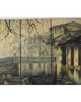 Vintage Painted Four-Panel Screen with Canal Village Scene-9. Asian & Chinese Furniture, Art, Antiques, Vintage Home Décor for sale at FEA Home
