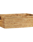 Woven rectangular basket with handles on a white background