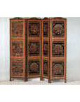 Vintage Thai Five-Panel Lacquered Screen with Gilt Figural and Animal Scenes-19. Asian & Chinese Furniture, Art, Antiques, Vintage Home Décor for sale at FEA Home