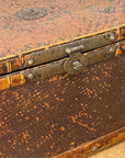 Close-up of the Woven Rectangular Picnic Basket with Handle & Hinged Lid. The unique woven wood pattern and rustic metal clasp showcase Southeast Asian craftsmanship and vintage charm.