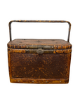 Woven Rectangular Picnic Basket with Handle & Hinged Lid featuring vintage brown rattan, a sturdy handle, metal latch, visible wear, and Southeast Asian craftsmanship, displayed against a white background.