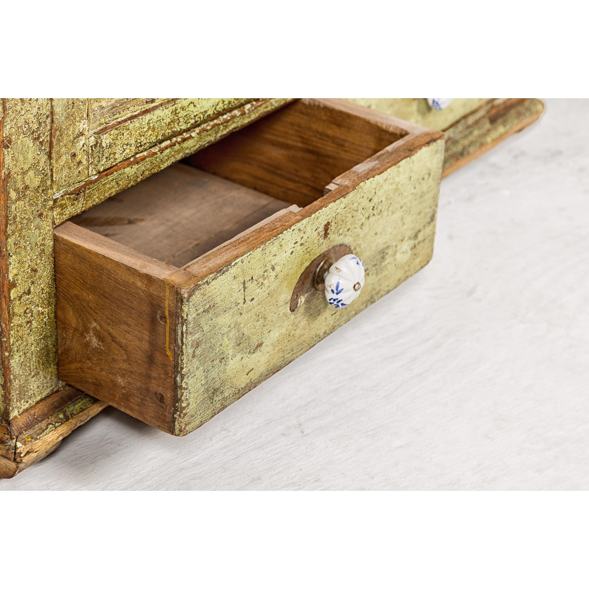 Distressed Green Painted Small Cabinet with Paneled Doors and Two Drawers-11. Asian & Chinese Furniture, Art, Antiques, Vintage Home Décor for sale at FEA Home