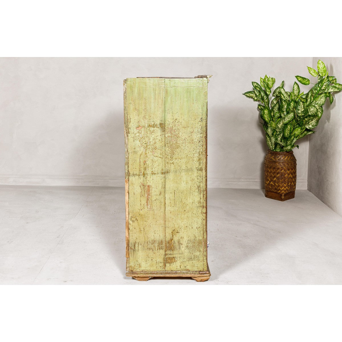 Distressed Green Painted Small Cabinet with Paneled Doors and Two Drawers-12. Asian & Chinese Furniture, Art, Antiques, Vintage Home Décor for sale at FEA Home