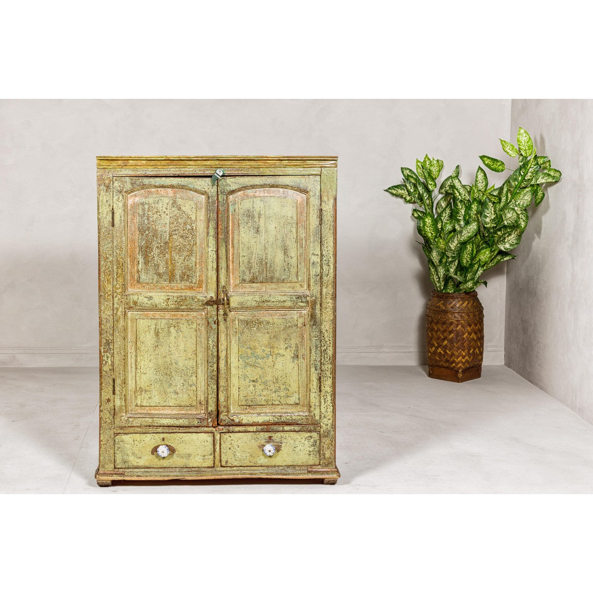 Distressed Green Painted Small Cabinet with Paneled Doors and Two Drawers-3. Asian & Chinese Furniture, Art, Antiques, Vintage Home Décor for sale at FEA Home
