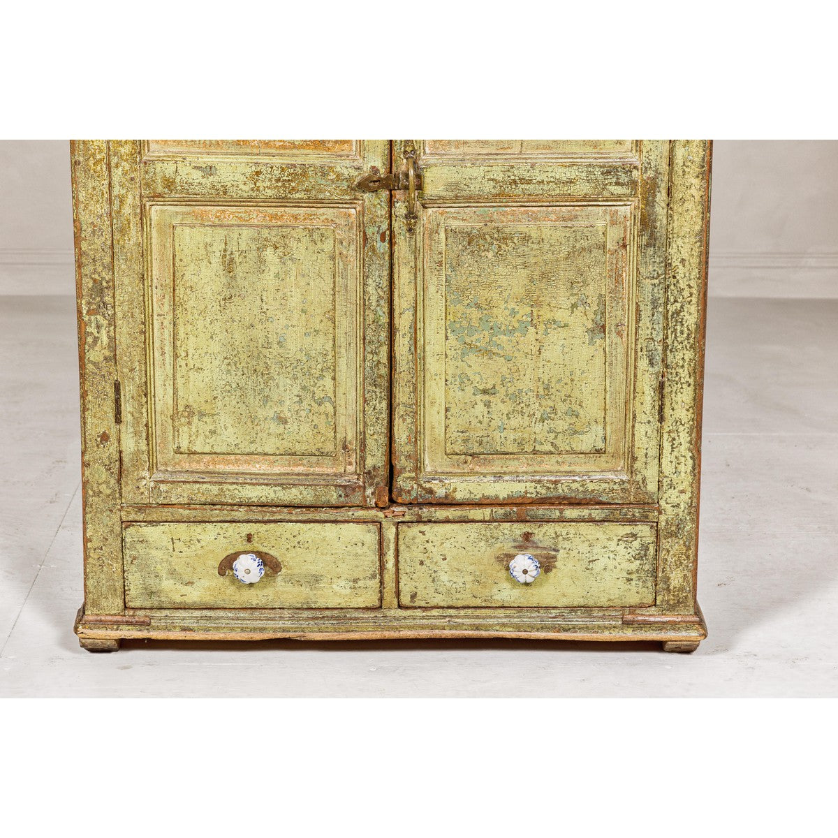 Distressed Green Painted Small Cabinet with Paneled Doors and Two Drawers-6. Asian & Chinese Furniture, Art, Antiques, Vintage Home Décor for sale at FEA Home