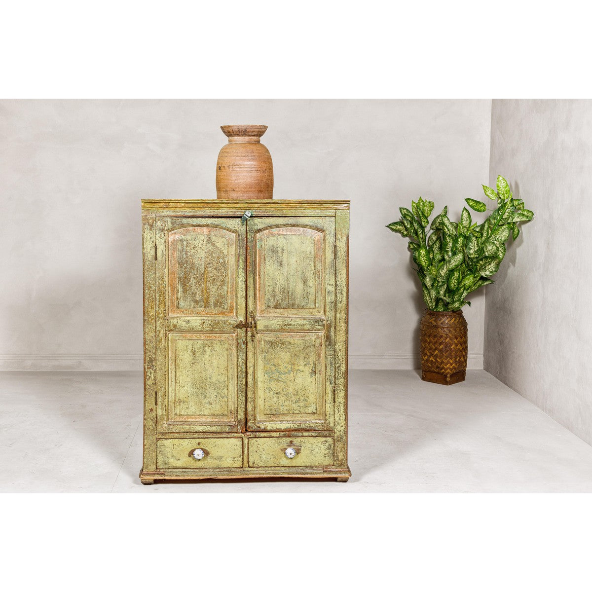 Distressed Green Painted Small Cabinet with Paneled Doors and Two Drawers-7. Asian & Chinese Furniture, Art, Antiques, Vintage Home Décor for sale at FEA Home