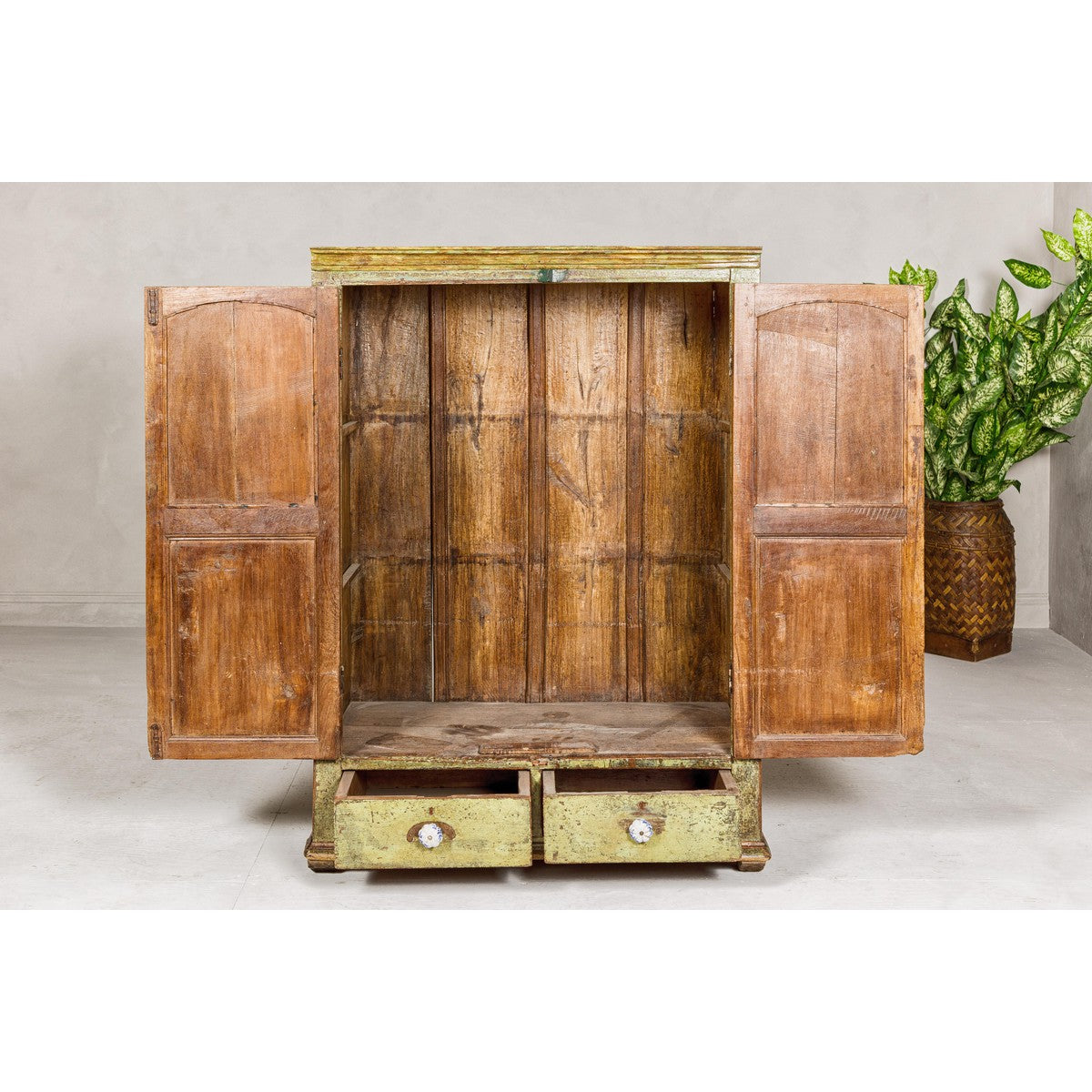 Distressed Green Painted Small Cabinet with Paneled Doors and Two Drawers-8. Asian & Chinese Furniture, Art, Antiques, Vintage Home Décor for sale at FEA Home