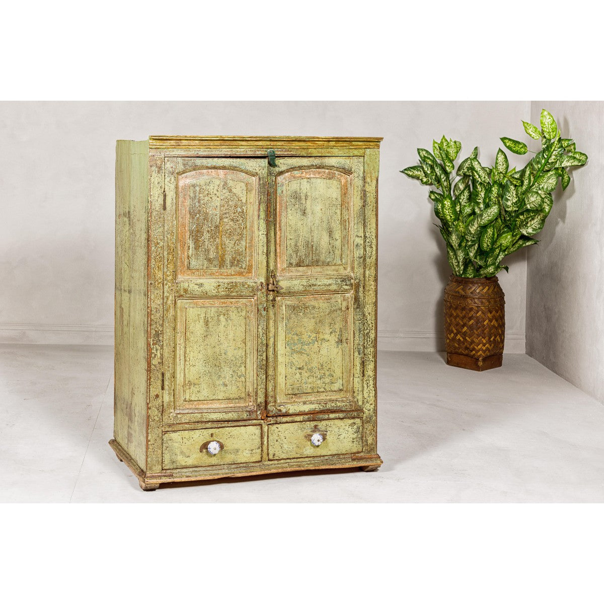 Distressed Green Painted Small Cabinet with Paneled Doors and Two Drawers-9. Asian & Chinese Furniture, Art, Antiques, Vintage Home Décor for sale at FEA Home
