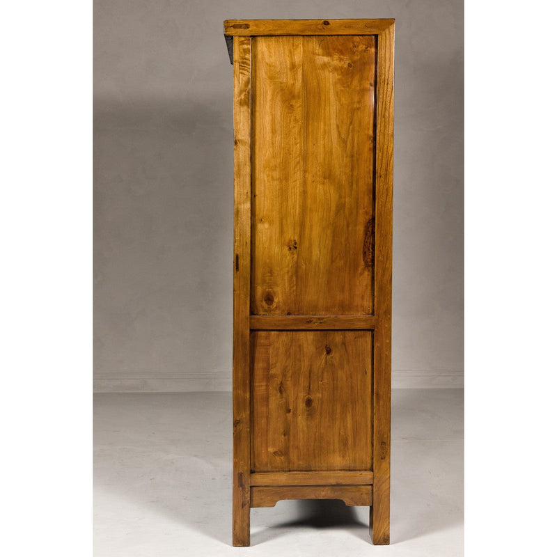 Large Elmwood 19th Cabinet with Carved Apron and Round Brass Medallion-YN1274-13. Asian & Chinese Furniture, Art, Antiques, Vintage Home Décor for sale at FEA Home
