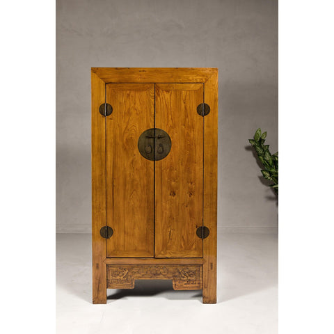 Large Elmwood 19th Cabinet with Carved Apron and Round Brass Medallion-YN1274-3. Asian & Chinese Furniture, Art, Antiques, Vintage Home Décor for sale at FEA Home