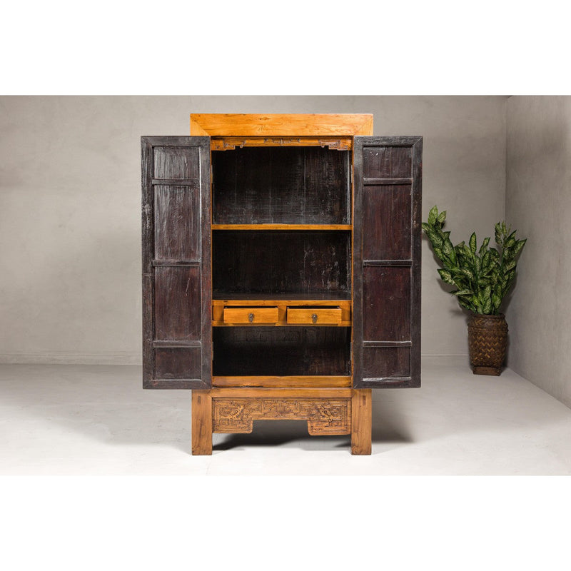 Large Elmwood 19th Cabinet with Carved Apron and Round Brass Medallion-YN1274-8. Asian & Chinese Furniture, Art, Antiques, Vintage Home Décor for sale at FEA Home