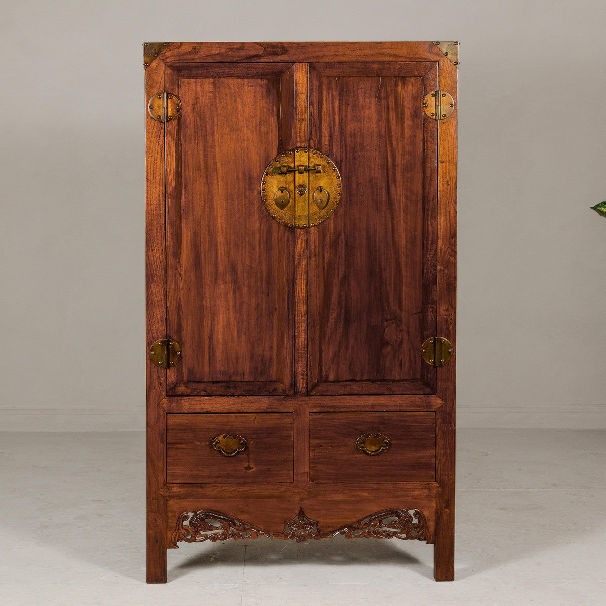 Large Brown Lacquer Elmwood Cabinet with Carved Skirt and Brass Hardware-10. Asian & Chinese Furniture, Art, Antiques, Vintage Home Décor for sale at FEA Home