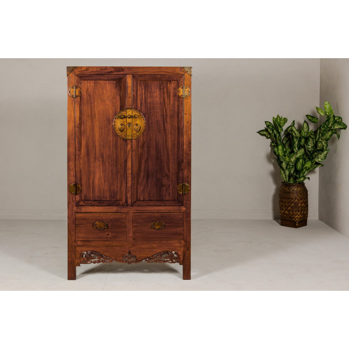 Large Brown Lacquer Elmwood Cabinet with Carved Skirt and Brass Hardware-11. Asian & Chinese Furniture, Art, Antiques, Vintage Home Décor for sale at FEA Home