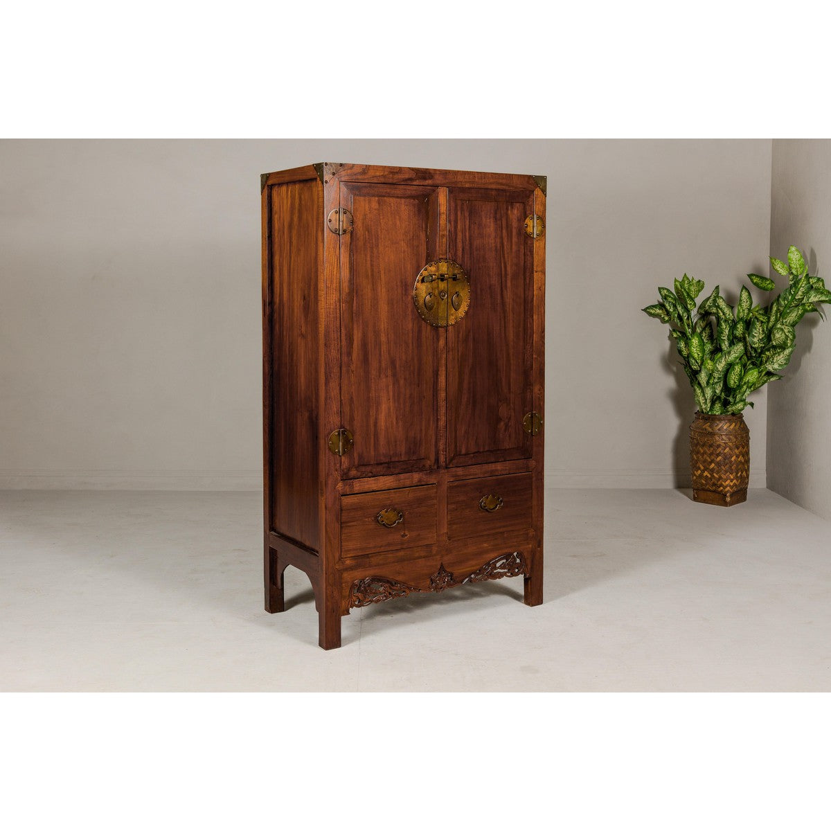 Large Brown Lacquer Elmwood Cabinet with Carved Skirt and Brass Hardware-12. Asian & Chinese Furniture, Art, Antiques, Vintage Home Décor for sale at FEA Home