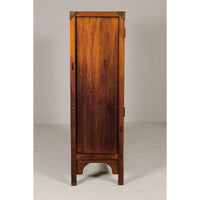 Large Brown Lacquer Elmwood Cabinet with Carved Skirt and Brass Hardware