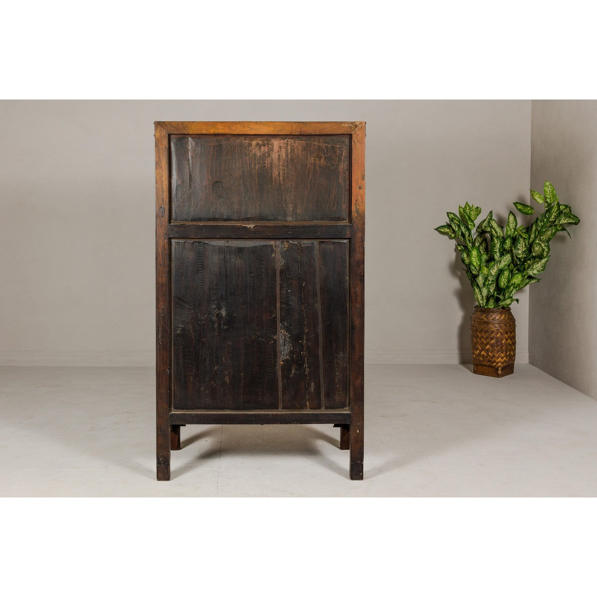 Large Brown Lacquer Elmwood Cabinet with Carved Skirt and Brass Hardware-15. Asian & Chinese Furniture, Art, Antiques, Vintage Home Décor for sale at FEA Home