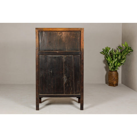 Large Brown Lacquer Elmwood Cabinet with Carved Skirt and Brass Hardware-YN1301-15. Asian & Chinese Furniture, Art, Antiques, Vintage Home Décor for sale at FEA Home