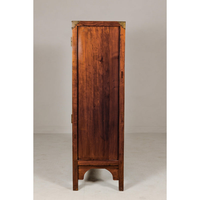 Large Brown Lacquer Elmwood Cabinet with Carved Skirt and Brass Hardware-YN1301-16. Asian & Chinese Furniture, Art, Antiques, Vintage Home Décor for sale at FEA Home