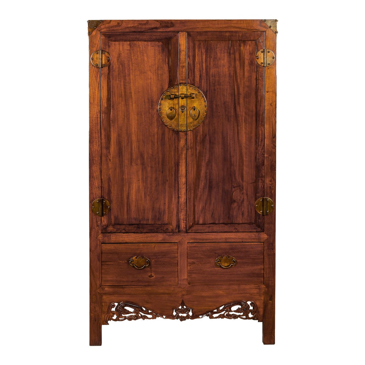 Large Brown Lacquer Elmwood Cabinet with Carved Skirt and Brass Hardware-17. Asian & Chinese Furniture, Art, Antiques, Vintage Home Décor for sale at FEA Home