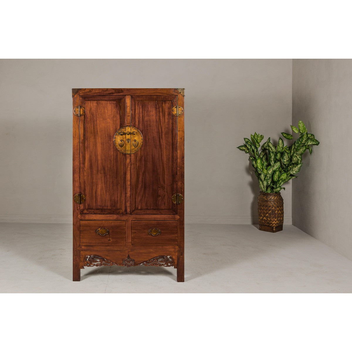 Large Brown Lacquer Elmwood Cabinet with Carved Skirt and Brass Hardware-2. Asian & Chinese Furniture, Art, Antiques, Vintage Home Décor for sale at FEA Home
