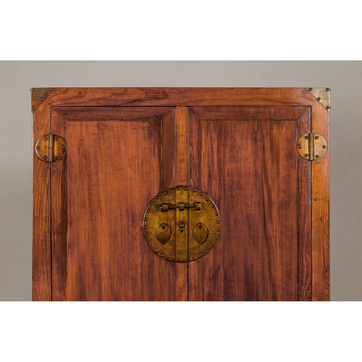 Large Brown Lacquer Elmwood Cabinet with Carved Skirt and Brass Hardware-3. Asian & Chinese Furniture, Art, Antiques, Vintage Home Décor for sale at FEA Home