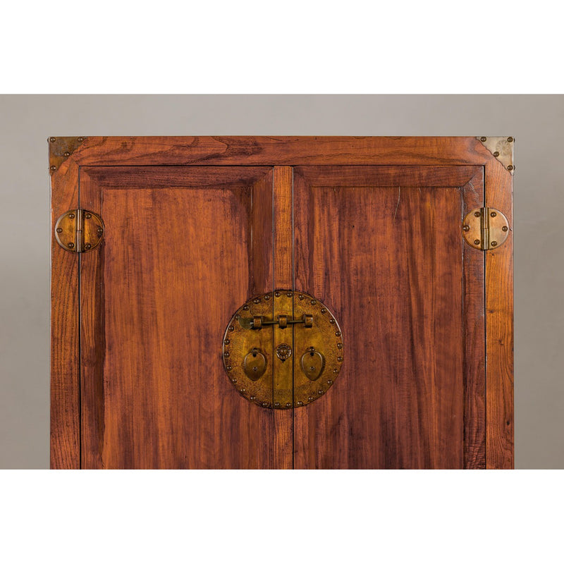 Large Brown Lacquer Elmwood Cabinet with Carved Skirt and Brass Hardware-YN1301-3. Asian & Chinese Furniture, Art, Antiques, Vintage Home Décor for sale at FEA Home