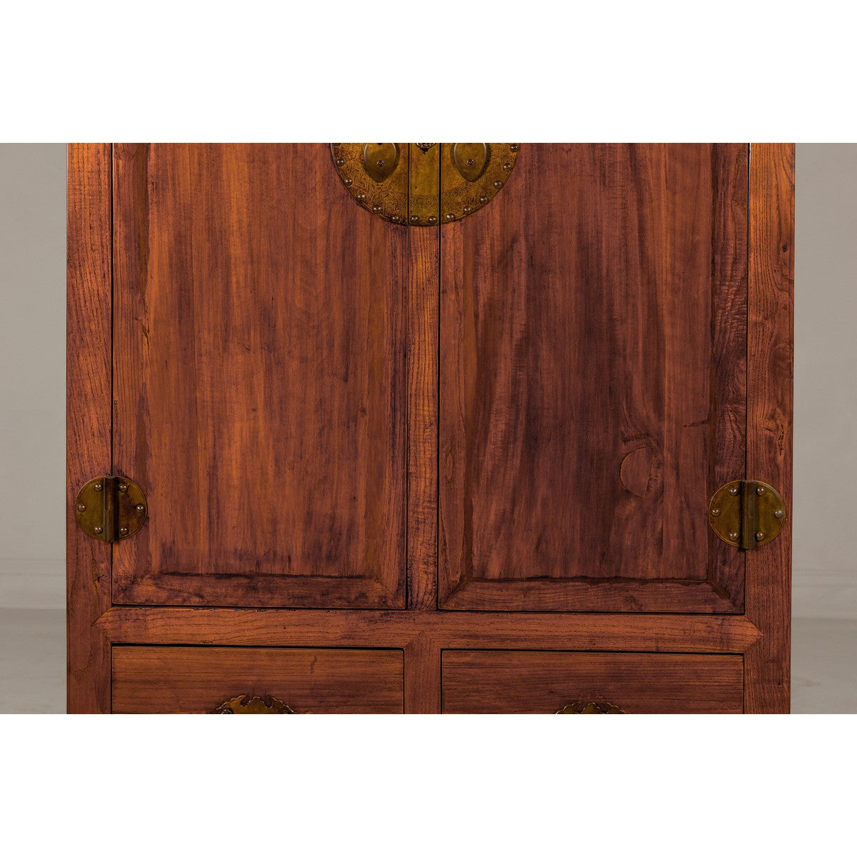 Large Brown Lacquer Elmwood Cabinet with Carved Skirt and Brass Hardware-4. Asian & Chinese Furniture, Art, Antiques, Vintage Home Décor for sale at FEA Home