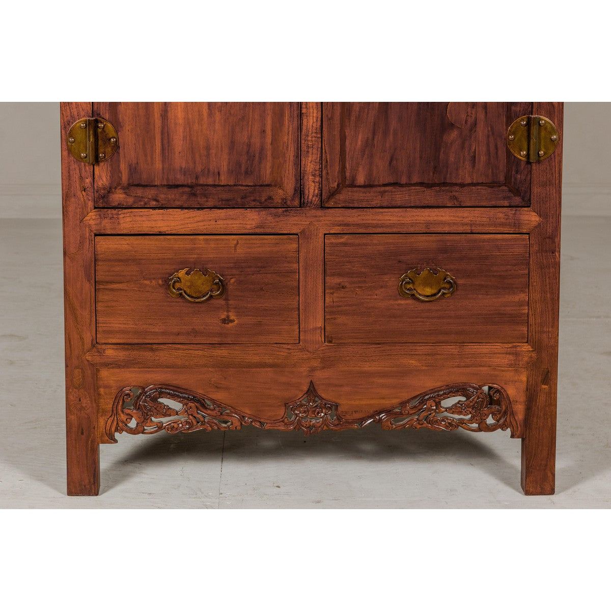 Large Brown Lacquer Elmwood Cabinet with Carved Skirt and Brass Hardware-5. Asian & Chinese Furniture, Art, Antiques, Vintage Home Décor for sale at FEA Home
