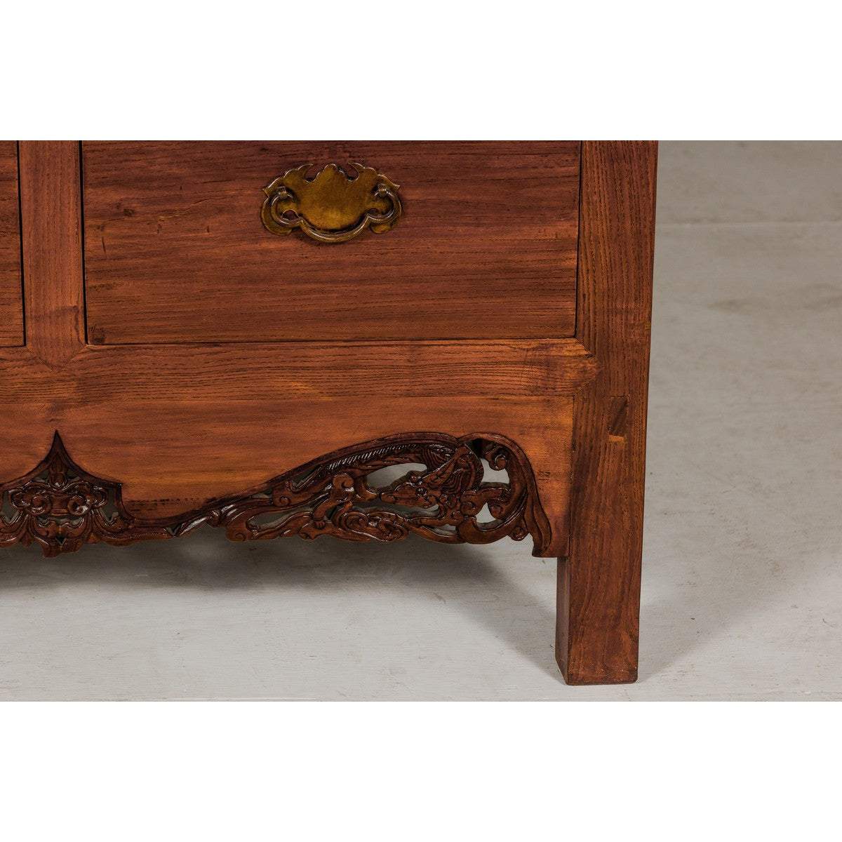Large Brown Lacquer Elmwood Cabinet with Carved Skirt and Brass Hardware-6. Asian & Chinese Furniture, Art, Antiques, Vintage Home Décor for sale at FEA Home