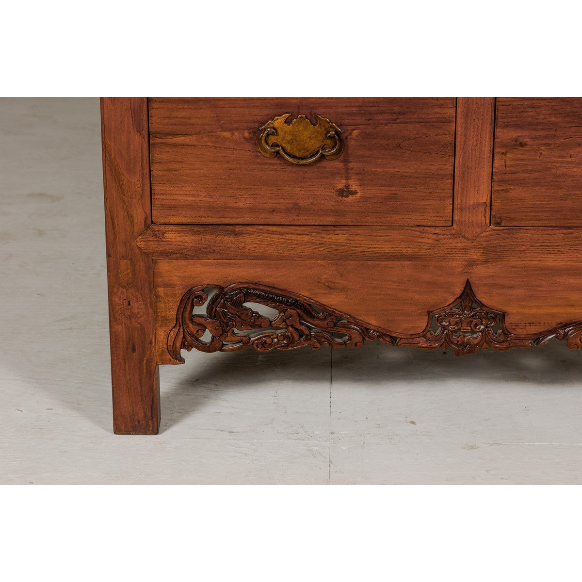 Large Brown Lacquer Elmwood Cabinet with Carved Skirt and Brass Hardware-7. Asian & Chinese Furniture, Art, Antiques, Vintage Home Décor for sale at FEA Home