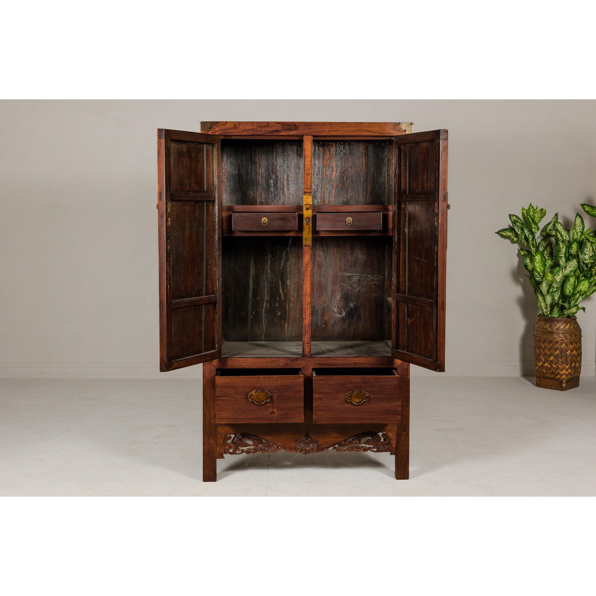 Large Brown Lacquer Elmwood Cabinet with Carved Skirt and Brass Hardware-9. Asian & Chinese Furniture, Art, Antiques, Vintage Home Décor for sale at FEA Home